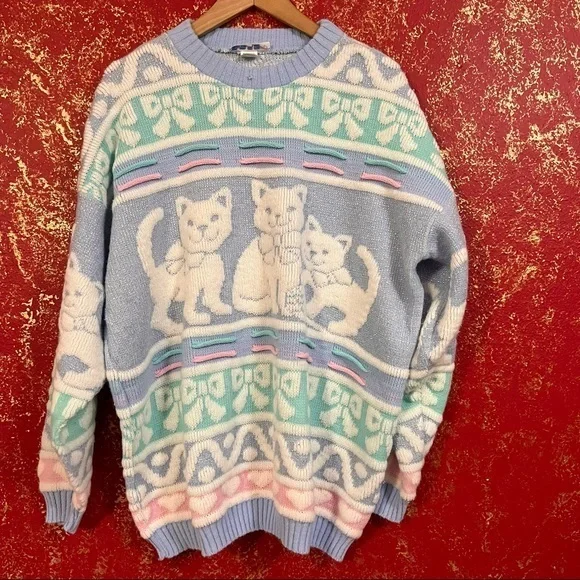 ROSE Vintage Pastel Cat Kitten Fairy Kei kawaii Jumper Sweater M - Picture 7 of 9